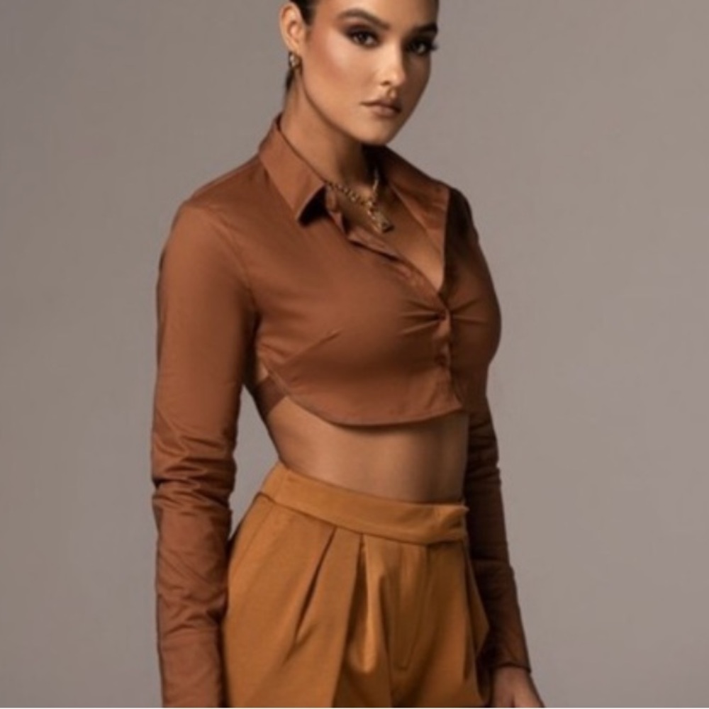 🆕JLUXLABEL BROWN BACKLESS LONG-SLEEVE BUTTON DOWN CROPPED TIE AROUND SHIRT - Picture 9 of 9